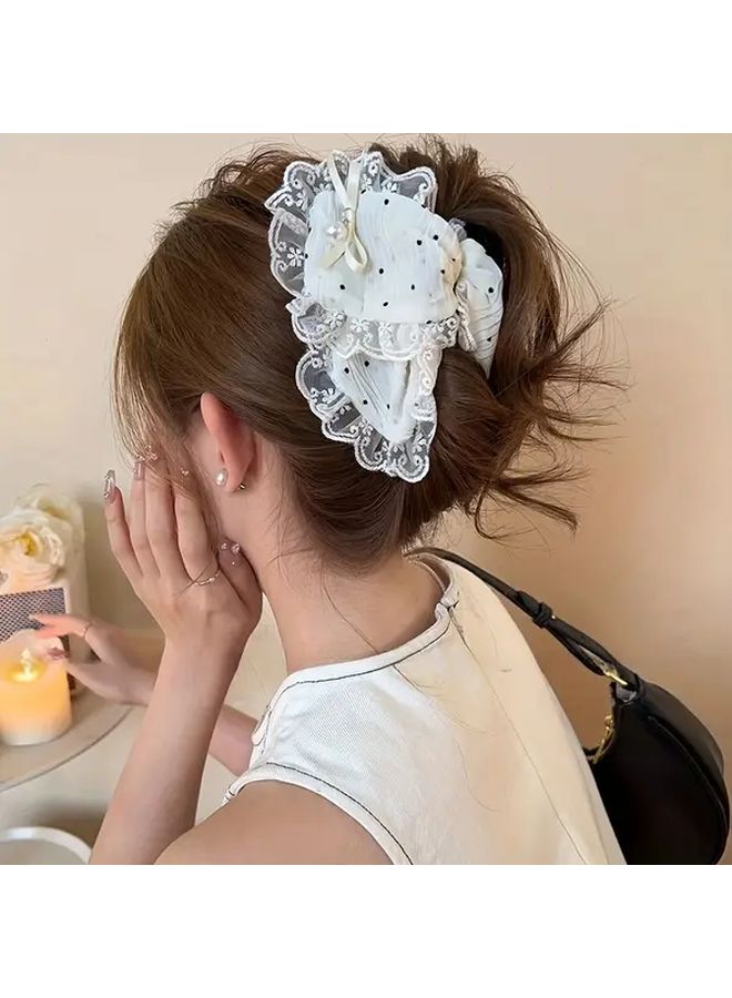 White Lace Bow French Style Shark Clip Hair Claw For Women Formal Events - Image 3